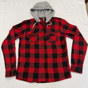 Amnesia Red Black Buffalo Plaid Men's Small Casual Button Down Shirt Grey Hood